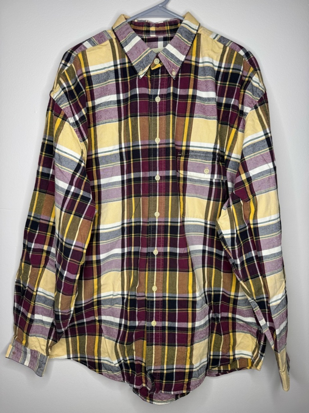 Eddie Bauer Men's XL Plaid Flannel Shirt Button Down Long Sleeve Burgundy Gold